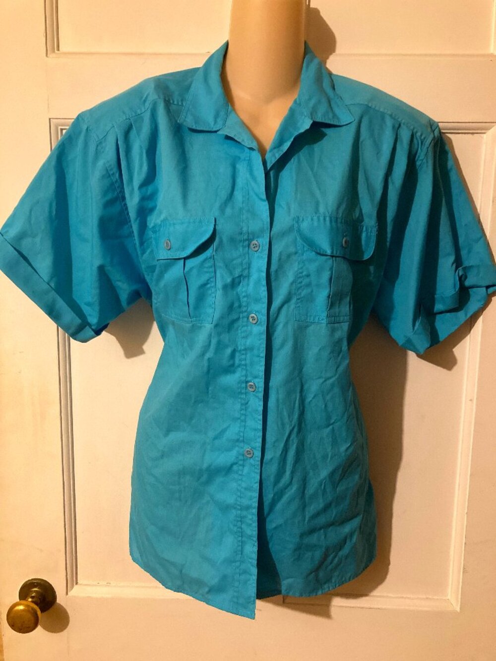 SPIRITWEAR Women's Vintage 80s 90s Button-Down SSl Shirt w/Shoulder Pads ~ Sz L